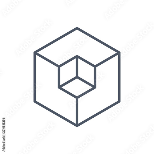 Minimalist isometric cube line icon, 3D block line vector art, geometric box outline graphic symbol for modern tech logos and branding