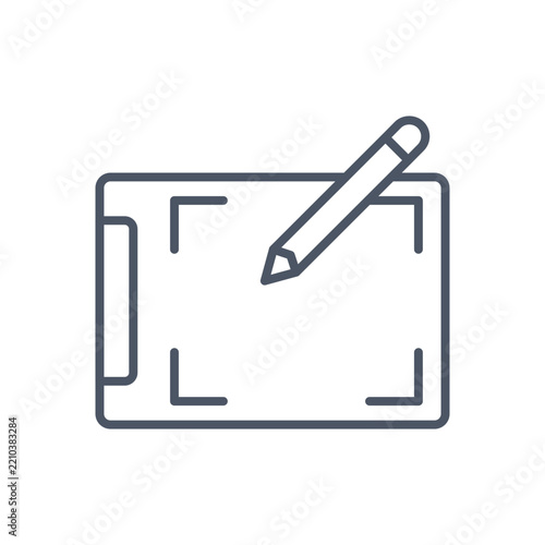 Digital drawing tablet vector graphic icon featuring a sleek outline style with a pen resting above the screen surface for creative design illustration projects and modern user interfaces
