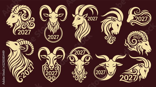 A detailed chinese new year 2027 vector bundle featuring artistic goat and sheep zodiac illustrations for festive holiday design projects