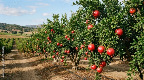 Rows of pomegranate trees bearing ripe red fruit in a sunny orchard