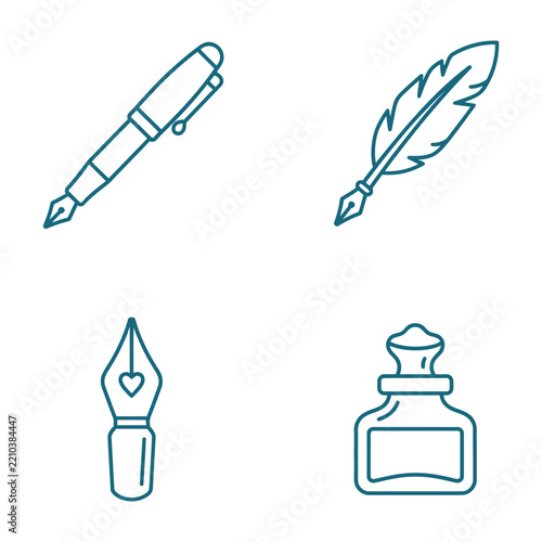 Pen and quill writing icon set with ink bottle and nib, teal line art on white background