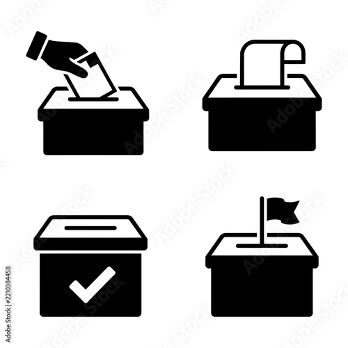 Set of four black and white voting ballot box icons with hand, paper, check, flag