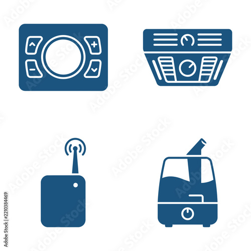 Blue Kitchen Appliance Icons Set: Remote Control, Oven, Radio, Steam Iron