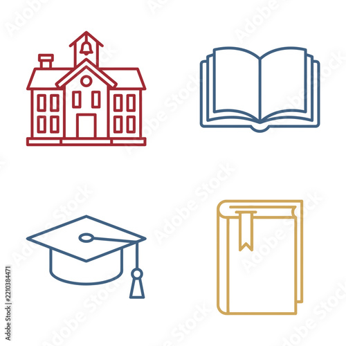 Education Icons Set School Building Open Book Graduation Cap Bookmark Notebook Line Art Minimal