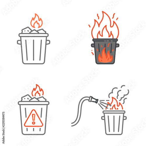 Burning Trash Can Fire Safety Icon Set With Extinguishing Hose And Warning Sign