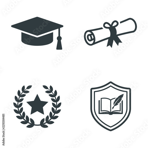 Education and Academic Achievement Icon Set: Graduation Cap, Scroll, Laurel, Shield