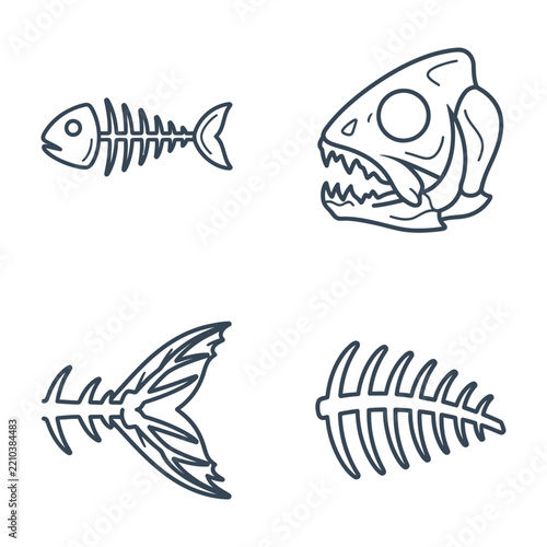 Fish Skeleton Line Art Set, Skull and Spine Icons, Hand Drawn Doodle Style