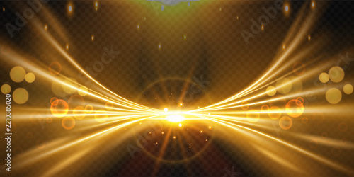 Elegant Golden Energy Rays with Bright Center and Luminous Light Trails, Futuristic Golden Glow Background with Symmetrical Light Beams and Sparkles
