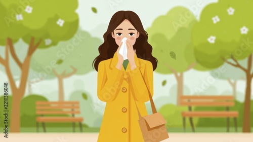 Woman in yellow coat sneezing in park surrounded by trees and falling leaves