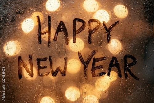 Happy New Year Message on Steamy Window with Warm Bokeh Lights