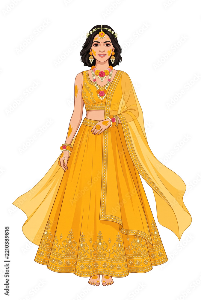 Fototapeta premium Indian Bride Haldi Ceremony Illustration. Young Indian Woman in Yellow Traditional Lehenga Choli and Floral Jewelry with Turmeric Paste, Isolated on transparent for Wedding Invitation Designs