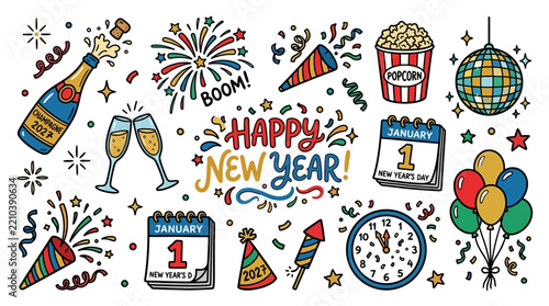 Happy New Year 2027 doodle vector collection with champagne, fireworks, confetti, balloons, disco ball, calendar, clock and festive party elements.