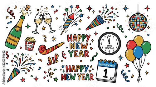Happy New Year hand drawn doodle elements set with champagne, fireworks, clock, balloons, disco ball, confetti and party horns vector illustration
