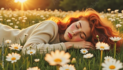 Young red-haired woman sleeping peacefully in a daisy field during golden hour sunset for outdoor lifestyle and tranquility concepts.