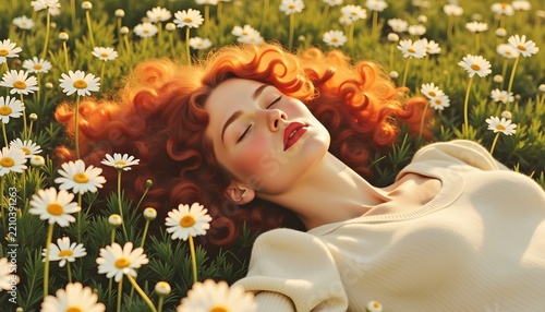 Top down view of a woman with red curly hair resting peacefully in a lush field of blooming white daisy flowers for wellness concepts.