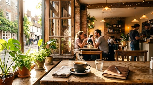 Coffee cup and notebook on a wooden table in a cozy cafe with people