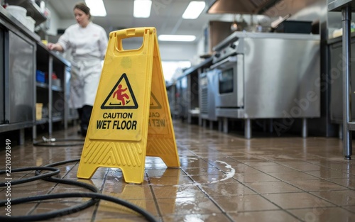 Yellow caution wet floor sign standing on a tiled kitchen floor with a chef in the background