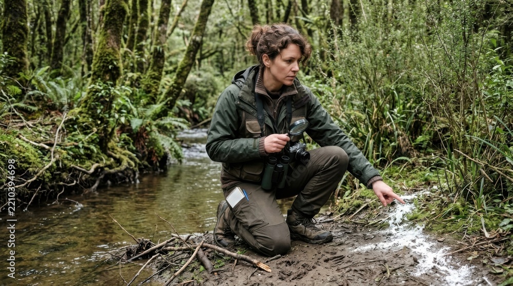 Fototapeta premium Female Ranger Examining Forest Stream Ecosystem Holding Binoculars and Camera Wildlife Conservation