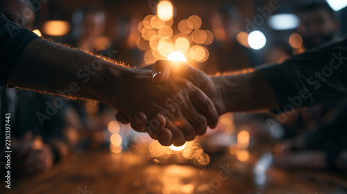 Close-up of Handshake Sealing Business Deal in Atmospheric Lighting
