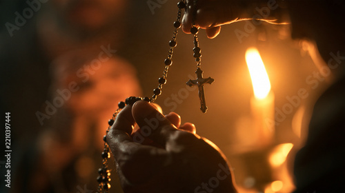 Hands Holding Rosary Praying by Candlelight