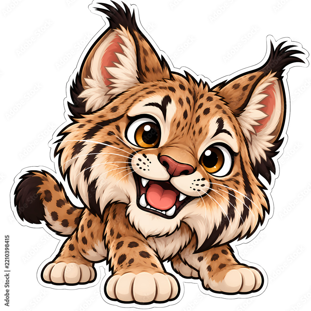 Obraz premium Cute Big Head Lynx Cartoon Character Flat Vector Die Cut Sticker Illustration