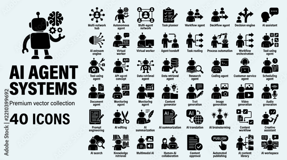Obraz premium AI Agent Systems Icon Set Featuring Robotics Automation and Artificial Intelligence Workflow Vector Graphics