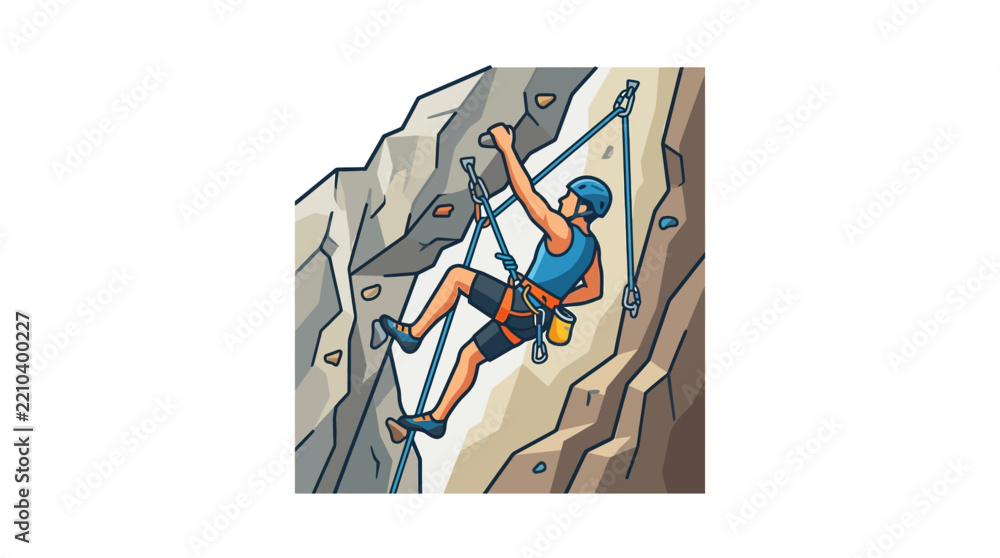 Fototapeta premium A rock climber ascending a steep rocky cliff face with safety gear and ropes.
