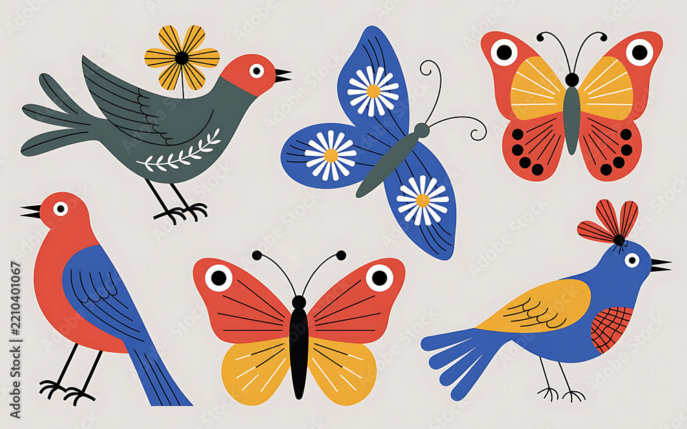 Fototapeta premium Vibrant hand-drawn illustration set featuring colorful birds and butterflies perched on white background, flat design style with bold outlines and cheerful color palette