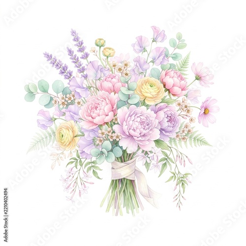 Elegant watercolor floral bouquet with pastel peonies, lavender, ranunculus, and eucalyptus