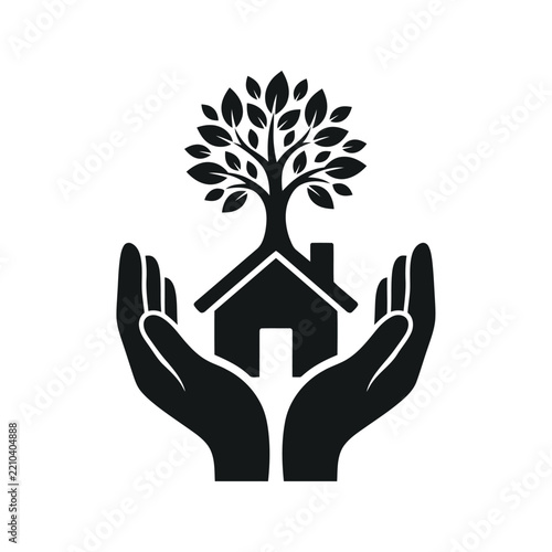 Eco Home Tree Care,Hands Protecting Sustainable Home and Growing Tree Eco Concept Vector