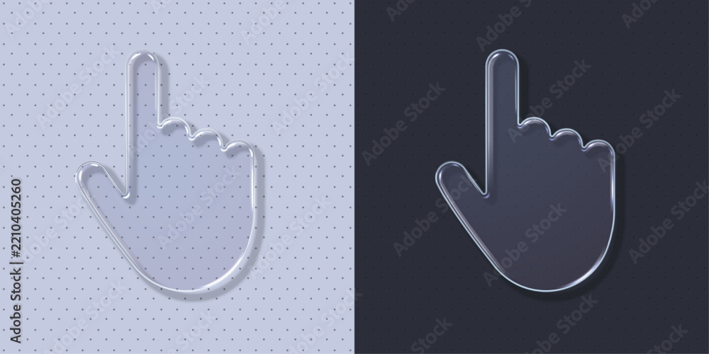 Obraz premium Realistic 3D glass pointer hand cursor icon with glossy reflection. Transparent liquid glass click sign for UI UX web design, mobile app interface template