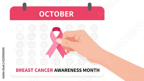 Woman Placing Pink Ribbon on October Calendar - Minimalist Medical Illustration with Red Header and Bold Text for Breast Cancer Awareness Campaigns, Health Blogs, and Fundraising Materials