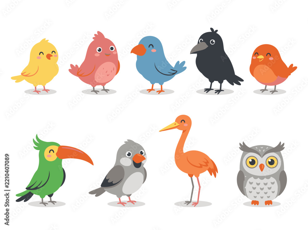 Obraz premium Set of cute colorful cartoon birds collection with various species like owl toucan and raven