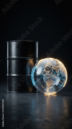 Black oil barrel next to a glowing network world globe on a dark background