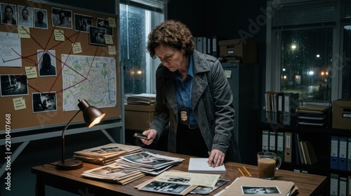 Detective examining evidence board at night crime investigation mystery solving police detective at work in dark office