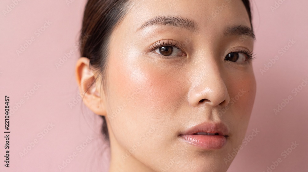 Obraz premium Close up portrait of a young woman with natural makeup posing against a soft pink background with makeup looks directly