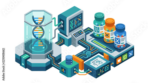DNA Helix in Glass Chamber with Pharmaceutical Production Machinery