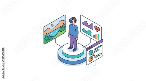 Person in Virtual Reality Headset Standing Among Data Dashboards
