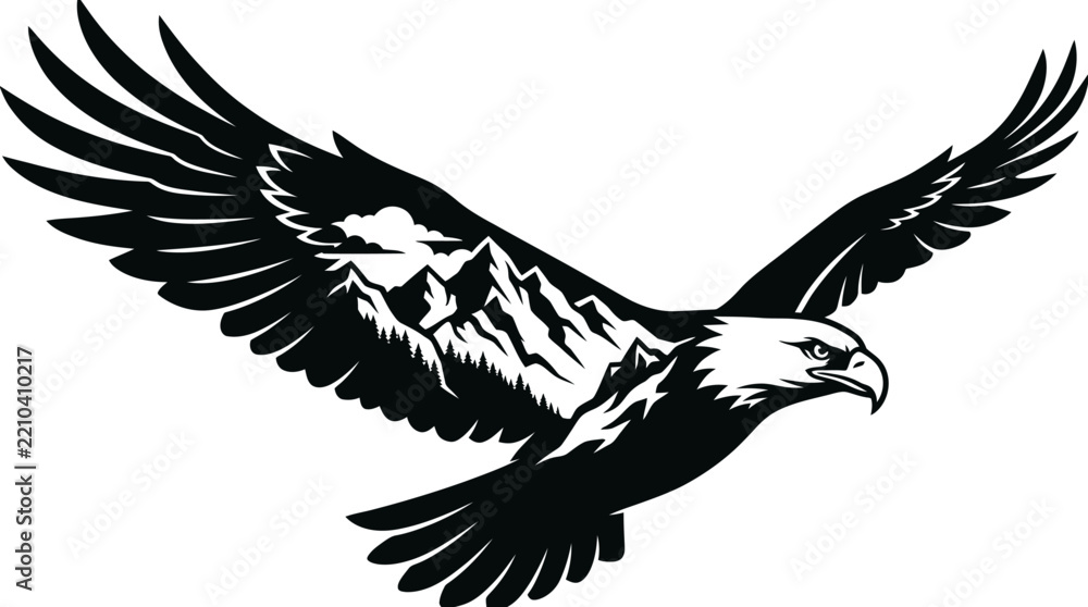 Fototapeta premium Majestic Flying Eagle and Mountain Landscape Vector Design