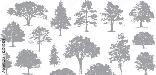 Dark Grunge Trees Background with Rough Halftone Details, Vintage Distortion Effects, Brutalist Woodland Style and Distressed Texture
