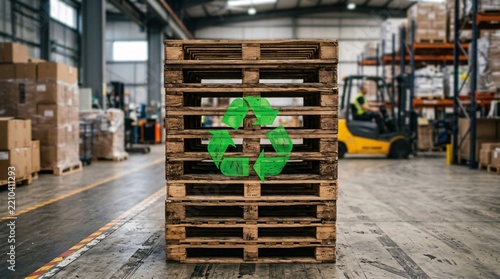 Stacked wooden shipping pallets bearing a bright green recycling triangle wait inside a blurred warehouse, sustainable logistics scene.