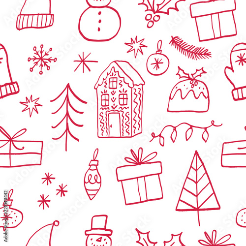 Hand-Drawn Christmas Whimsy Decor Elements. Doodle Style. Christmas Festive decoration. Winter holiday ornament, leaf, ribbon, and tree. Flat vector illustration