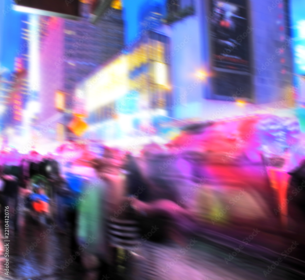 Fototapeta premium Urban, lights and buildings at night for travel with transport speed, city and sidewalk movement. Blurry, infrastructure commute and people walking, explore nightlife and tourism outdoor in New York