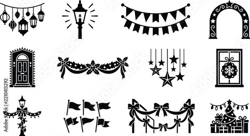 Christmas holiday decorative elements set featuring festive lights