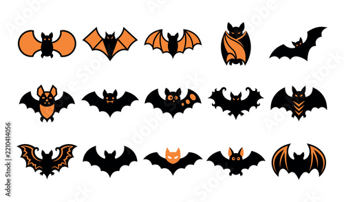 Halloween Bat Silhouette Vector Set, Cute Black Bat Icons and Flying Bat Illustrations