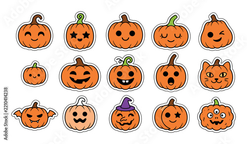 Halloween Pumpkin Sticker Set, Cute Jack O Lantern Pumpkin Faces Vector Collection