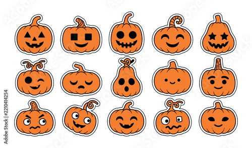 Halloween Pumpkin Sticker Set, Cute Jack O Lantern Pumpkin Faces Vector Collection