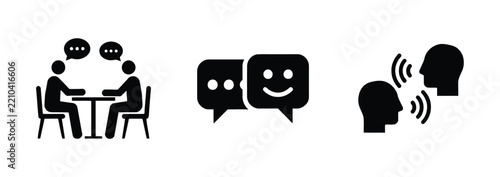 Communication and conversation icons featuring speech bubbles, chat messages, and talking symbols for digital interface design.
