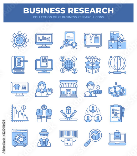 Collection of 25 Business Research Icons. Visualizing Market Analysis. Financial Data. and Global Trends