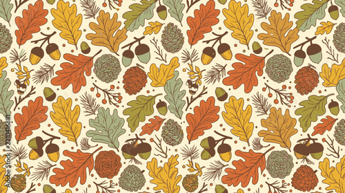 Autumnal Forest Floor Pattern with Acorns and Oak Leaves.